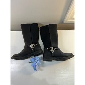 DKNY Kids Emma Harness‎ Black Riding Boots Silver Logo Moto DKN166 Size 11